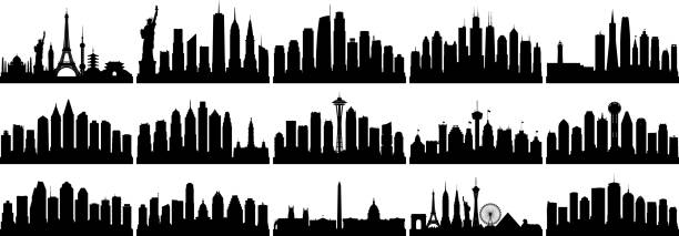 American Cities (All Buildings Are Complete and Moveable) American cities. All buildings are complete and moveable. From left to right; the world, New York, Los Angeles, Chicago, San Fransisco, San Diego, Philadelphia, Seattle, San Antonio, Dallas, Houston, Austin, Washington DC, Las Vegas, and Boston. las vegas stock illustrations