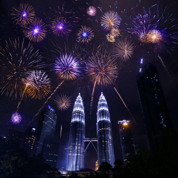Kuala lumpur skyline with Fireworks celebration New years Day