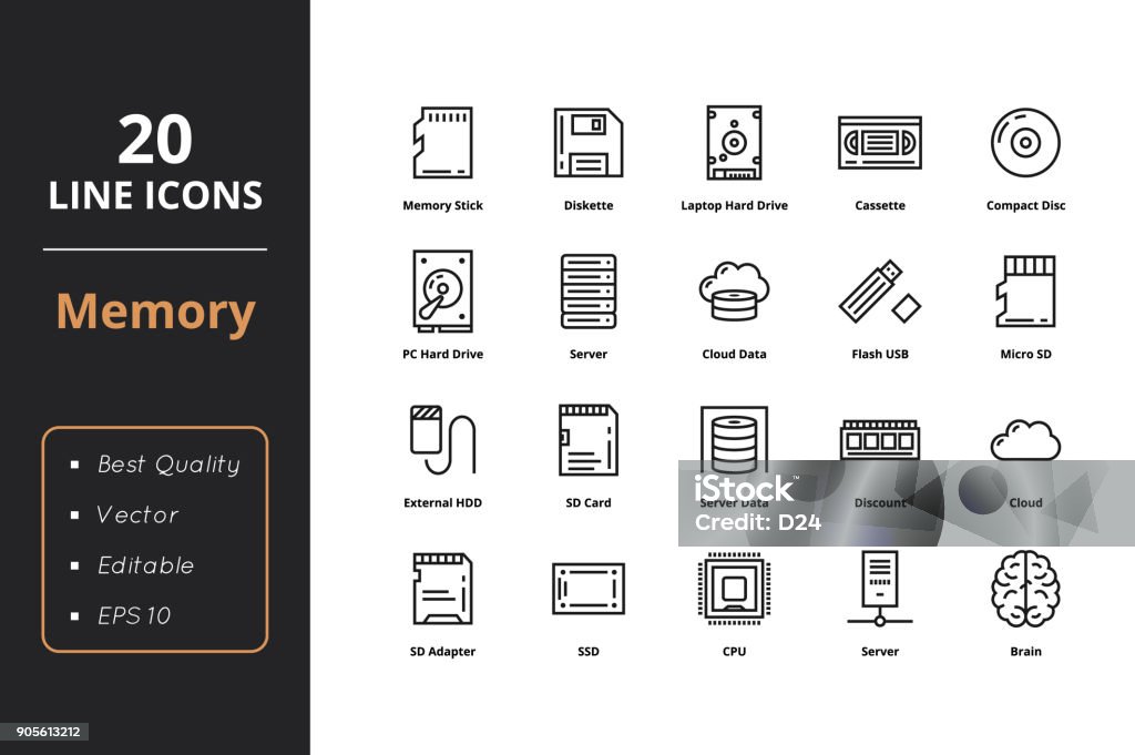 20 hochwertige Linie Speichersymbol - Lizenzfrei Icon Vektorgrafik