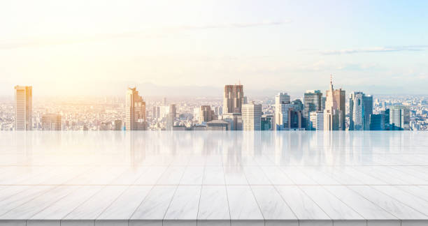istock Empty marble floor top with panoramic modern cityscape building bird eye aerial view under sunrise 905613462