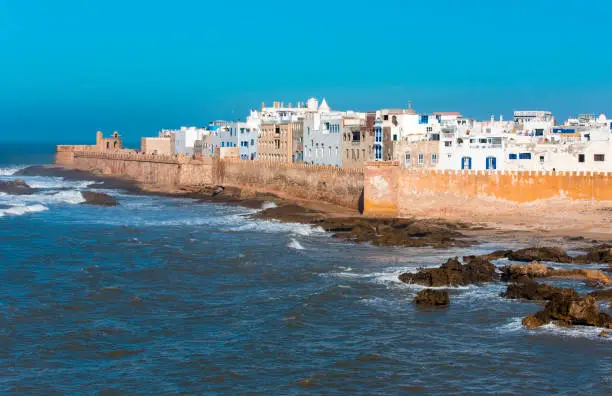 Amazing panoramic view of Essaouira Ramparts aerial in Essaouira, Morocco.