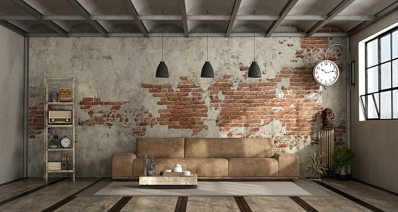 Living room in industrial style with leather sofa and brick wall - 3d rendering
