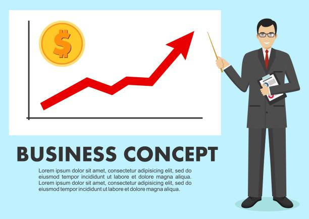 business-konzept. geschäftsmann in der nähe von whiteboard und deutete auf das diagramm von finance analytics. graph mit trendlinie aufsteigen und münze mit einem schild des dollars im flachen stil isoliert. vektor-illustration - graph arrow sign chart single line stock-grafiken, -clipart, -cartoons und -symbole