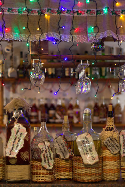 Bottles with alcoholic beverages on the bar.