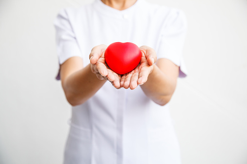 Selective focus of red heart held by female nurse's both hand, representing giving all effort to deliver high quality service mind to patient. Professional, Specialist in white uniform, gown isolated on white background.