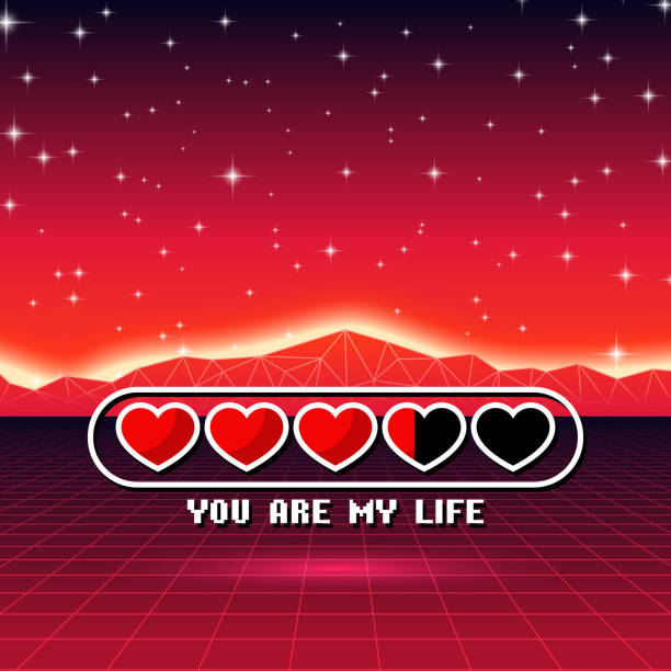 Valentines Day hearts of love themed retro game card with 80s styled neon landscape and life loading status bar Valentines Day hearts of love themed retro game card with 80s styled neon landscape and life status bar disco themed party stock illustrations