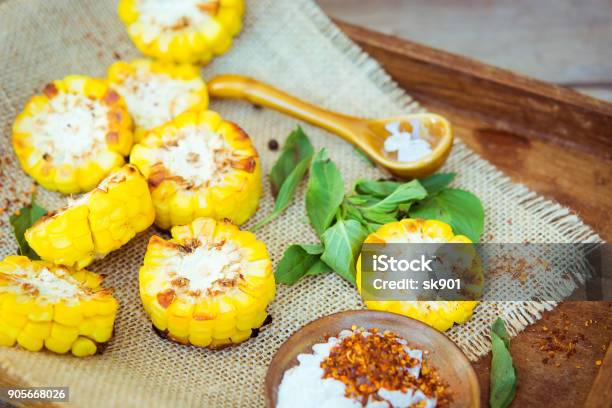 Vegetarian Food Grilled Sweet Corn On The Rustic Table Stock Photo - Download Image Now