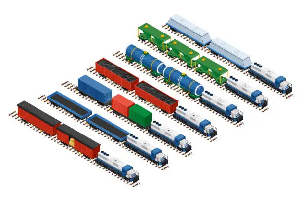 Vector illustration of Vector isometric illustration of a set of railway trains consisting of locomotives, platforms for transportation of containers, covered wagons, cisterns, and rail cars for bulk cargoes.