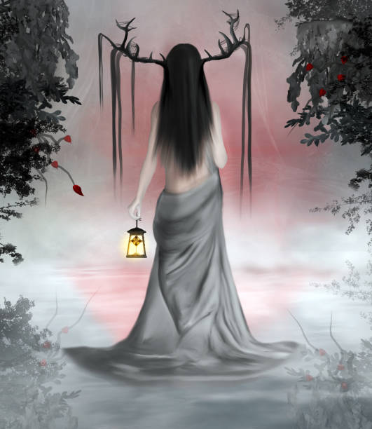 istock Fantasy woman back with horns in a foggy scenery 905670890