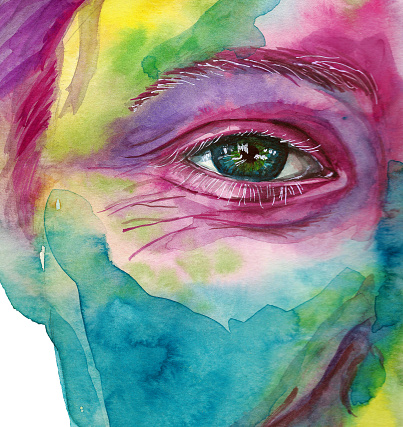 Watercolor drawing of a man's head smeared in paint, multi-colored face, portrait, opened eye, glare on iris eyes, on holiday holi, indian holiday, white background for decoration and decoration