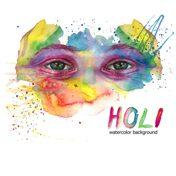 istock Watercolor drawing of a man's head is dirty in paint, multi-colored face, portrait, opened eye, glare on iris of the eye, on holiday holi, indian holiday, with element of splashed paint on white backg 905671204