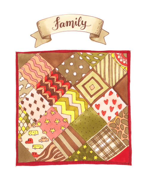 illustrations, cliparts, dessins animés et icônes de aquarelle illustration isolé sur fond blanc.  le plaid patchwork et la bannière avec text famille - plaid checked pattern sewing