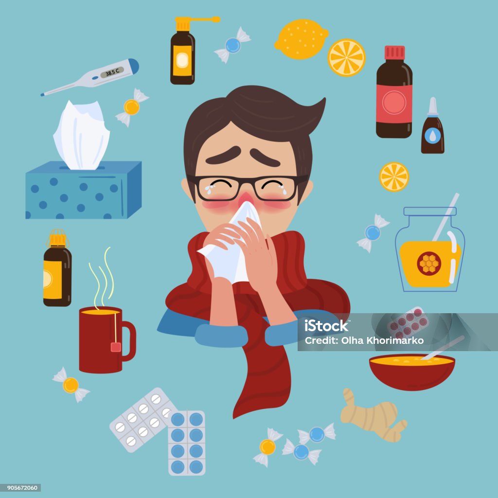 Ilustración de Hombre Joven Cogió Frío Gripe O Virus Tratamiento De La  Enfermedad y más Vectores Libres de Derechos de Resfriado y gripe - iStock