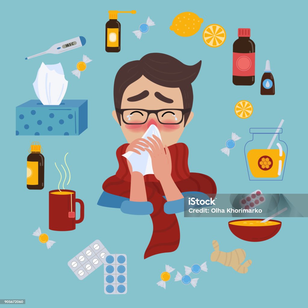 Ilustración de Hombre Joven Cogió Frío Gripe O Virus Tratamiento De La Enfermedad y más Vectores Libres de Derechos de Resfriado y gripe - iStock Ilustración de Hombre Joven Cogió Frío Gripe O Virus Tratamiento De La Enfermedad y más Vectores Libres de Derechos de Resfriado y gripe - iStock