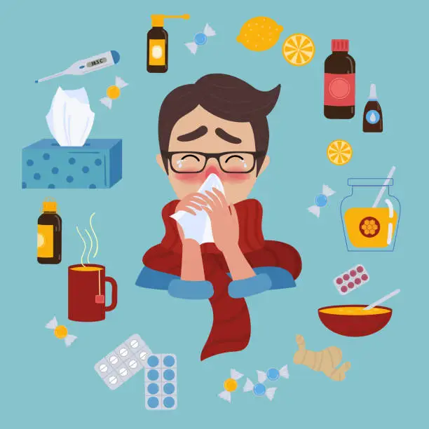 Vector illustration of Young man caught cold flu or virus. Treatment of illness