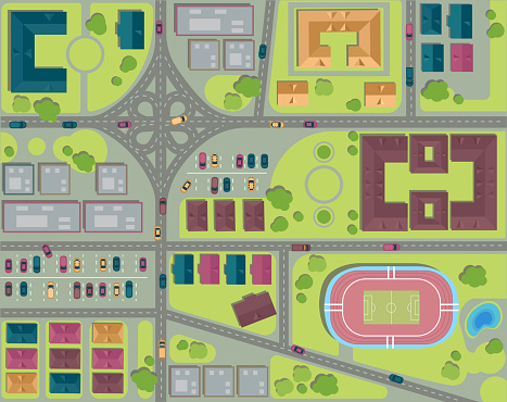 Urban city top view. Streets, houses and buildings, roads, crossroads, park, parking and stadium. View from above Vector illustration