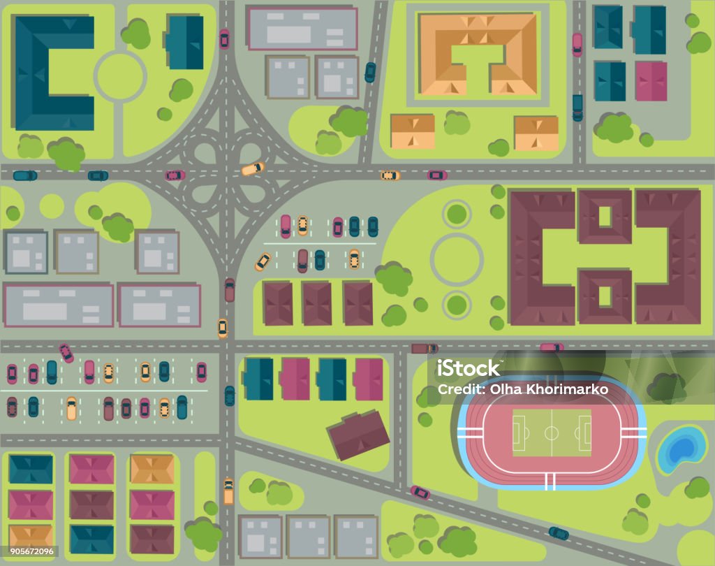 Urban City top view. View from above. Aerial Urban city top view. Streets, houses and buildings, roads, crossroads, park, parking and stadium. View from above Vector illustration City stock vector