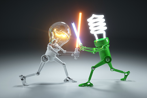 Confrontation cartoon personages bulb light and LED light lamps in style Star Wars.