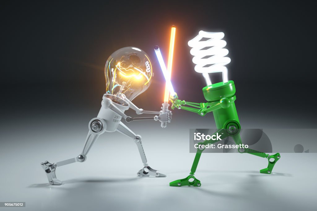 Confrontation cartoon personages bulb light and LED light lamps in style Star Wars. Confrontation cartoon personages bulb light and LED light lamps in style Star Wars. 3d concept Energy Efficient Stock Photo