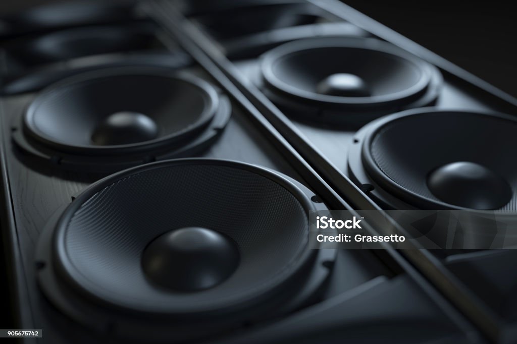Hi-Fi acoustic sound system closeup. Hi-Fi acoustic sound system closeup. Macro shot. 3d render Speaker Stock Photo
