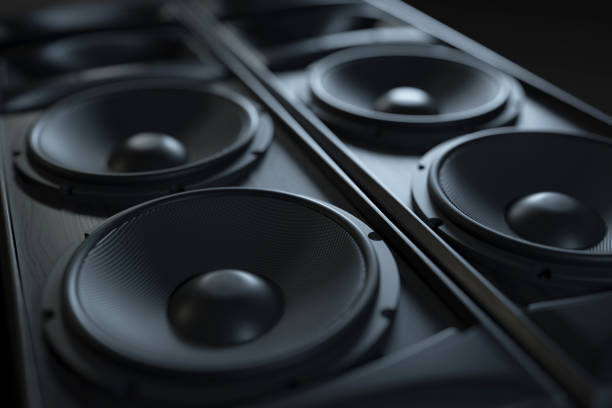 Hi-Fi acoustic sound system closeup. Hi-Fi acoustic sound system closeup. Macro shot. 3d render stereo stock pictures, royalty-free photos & images