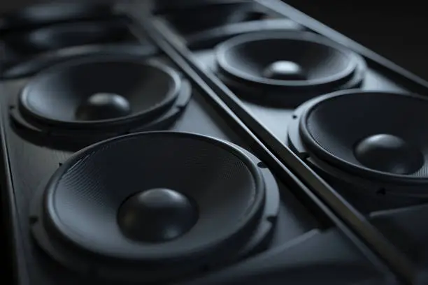 Hi-Fi acoustic sound system closeup. Macro shot. 3d render