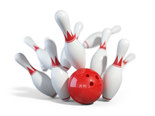 Red ball smashes the bowling pins Red ball smashes the bowling pins. Objects isolated on white background 3D bowling strike stock pictures, royalty-free photos & images