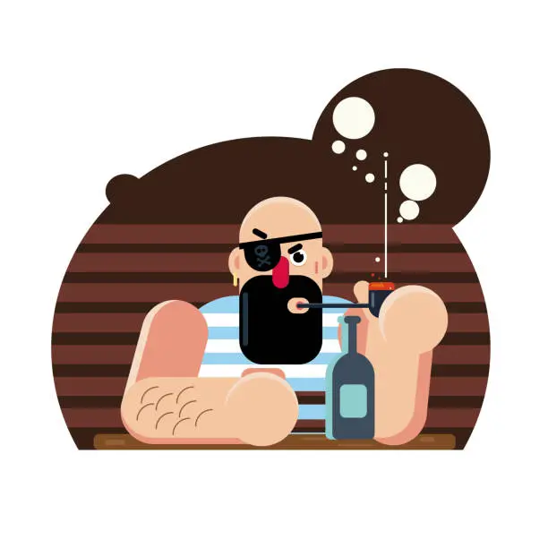 Vector illustration of Bald pirate with a pipe and a bottle of rum