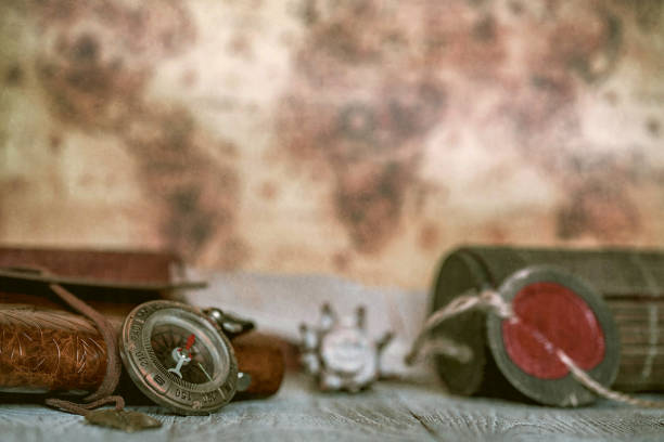 istock Retro compass and vintage map on the background 905681930