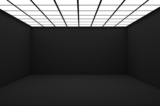 Empty 3d black room with ceiling lights