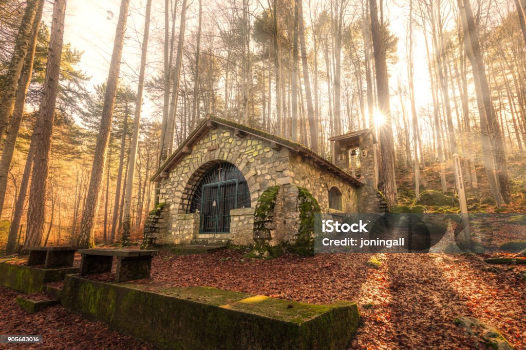 Small chapel in forest at Vizzavona in Corsica Afternoon sun filtering through trees onto the Chapelle Notre Dame de la ForÃªt in the woods at Vizzavona in Corsica Corsica Stock Photo
