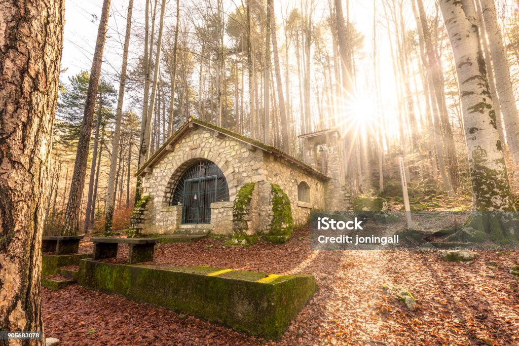 Small chapel in forest at Vizzavona in Corsica Afternoon sun filtering through trees onto the Chapelle Notre Dame de la ForÃªt in the woods at Vizzavona in Corsica Corsica Stock Photo