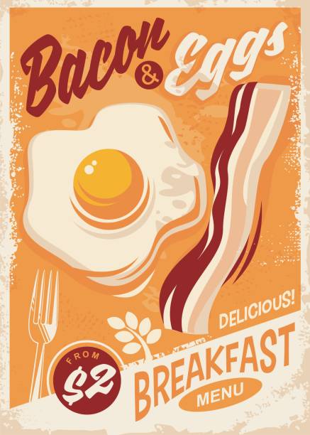Bacon and Eggs breakfast menu Bacon and Eggs breakfast menu retro promo poster design on old paper texture breakfast background stock illustrations