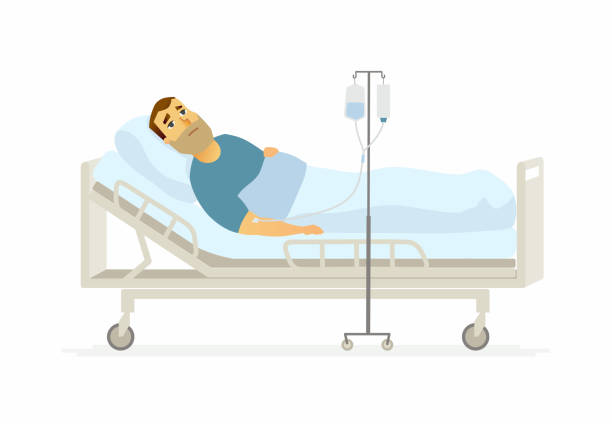 Man in hospital on a drip - cartoon people characters illustration Man in hospital on a drip - cartoon people characters illustration on white background. A young person lying in a bed with an infusor. Medical, healthcare theme bedroom clipart stock illustrations