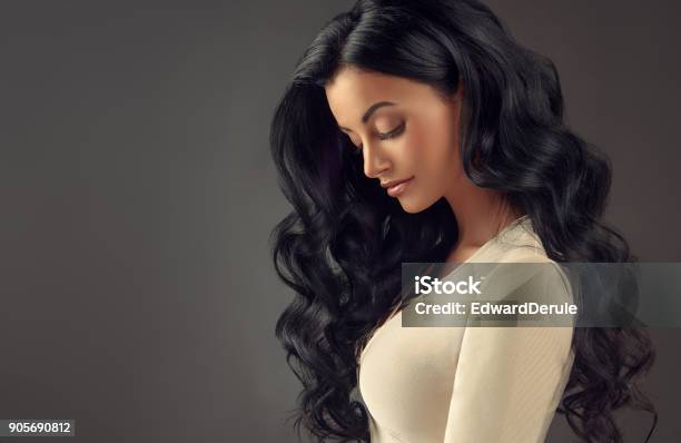 Mujer De Cabello Negro Con Peinado Voluminoso Brillante Y Rizado Pelo Muy Rizado Foto de stock y más banco de imágenes de Cabello largo