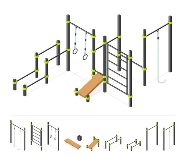 illustrations, cliparts, dessins animés et icônes de zone d’entraînement rue. équipement de gymnastique sportive extérieure définie isolé sur blanc. constructeur de parc de sport. vector isométrique - rope way