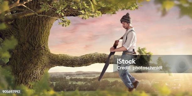 Cutting The Branch Your Sitting On Stock Photo - Download Image Now - Mistake, Ignorance, Careless