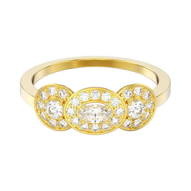 istock 3D illustration isolated yellow gold three stone solitaire engagement ring 905703148