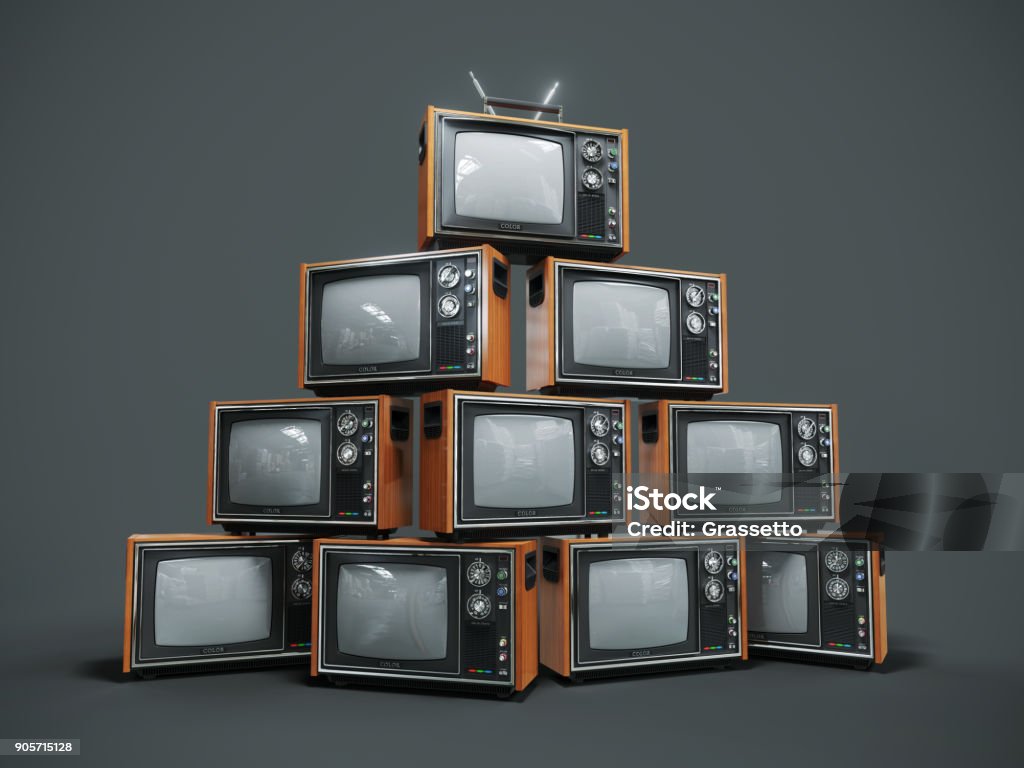 Pile of old retro TVs on dark background Pile of old retro TVs on dark background. 3D render Television Set Stock Photo