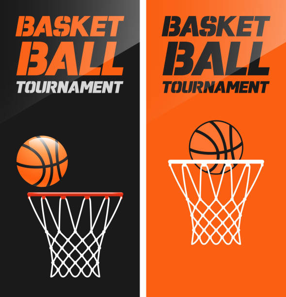 ilustrações de stock, clip art, desenhos animados e ícones de flyer or web banner design with basketball hoop and ball icon - basketball hoop basketball net backgrounds