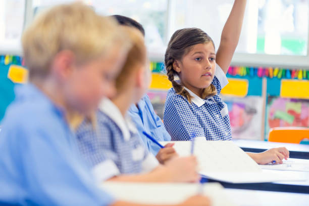 istock Aboriginal Schoolgirl with arm raised in classroom. 905743226