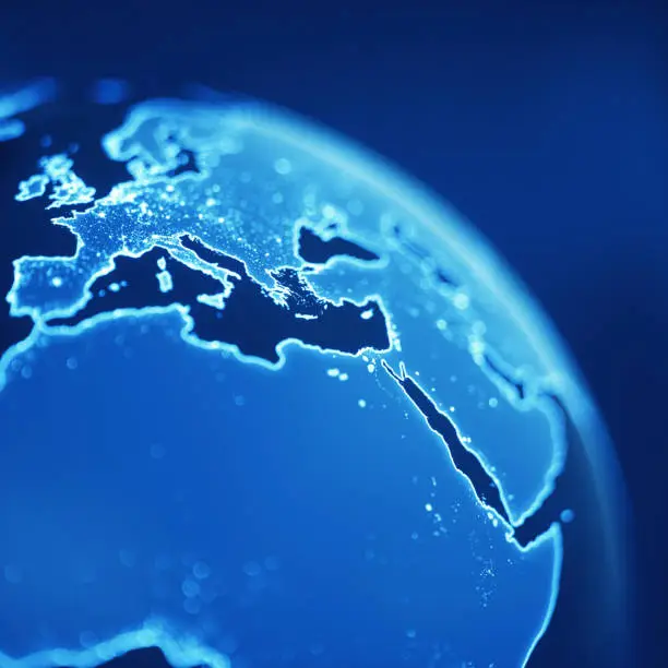 Abstract blue neon globe. World map texture credits to NASA.