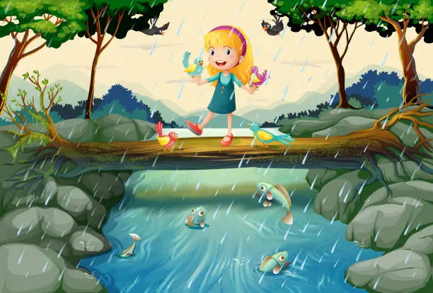 Vector illustration of Raining scene with girl on the bridge