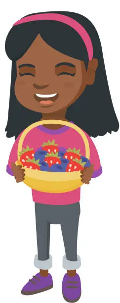 Vector illustration of Girl with the basket of strawberry and blueberry