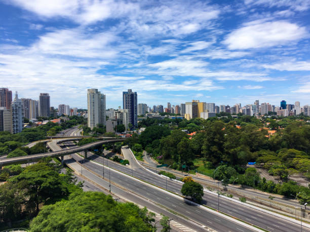 São Paulo skyline near Ibirapuera Public Park. Nobody in the streets. Cityscape showing the skyline of São Paulo city over Avenida Pedro Alvares Cabral in front of the Ibirapuera Public Park. The avenues are empty, no traffic. calm before the storm photos stock pictures, royalty-free photos & images