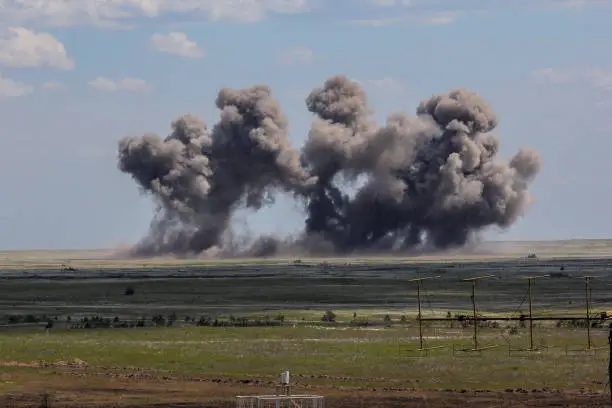 Explosion at a military training ground. Destruction of training objectives by aircraft bombs.