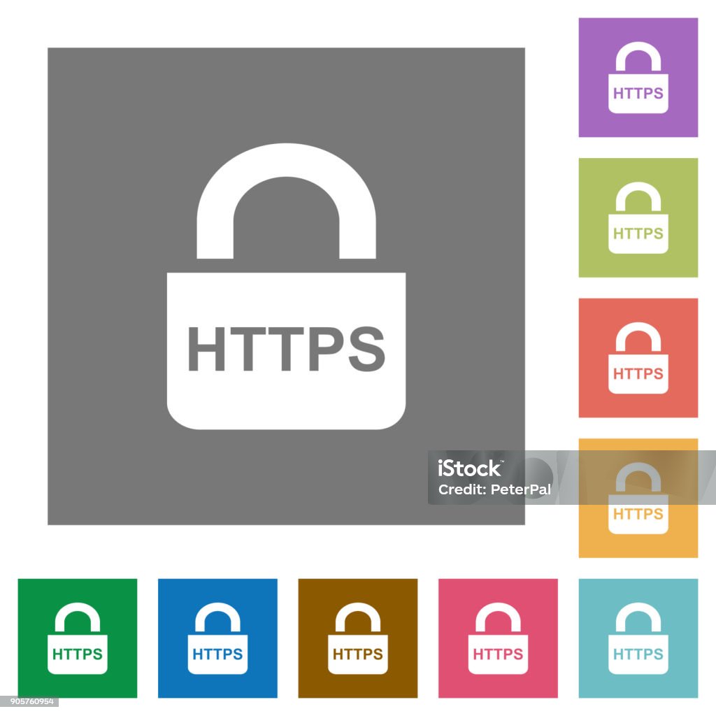 Secure https protocol square flat icons Secure https protocol flat icons on simple color square backgrounds Backgrounds stock vector