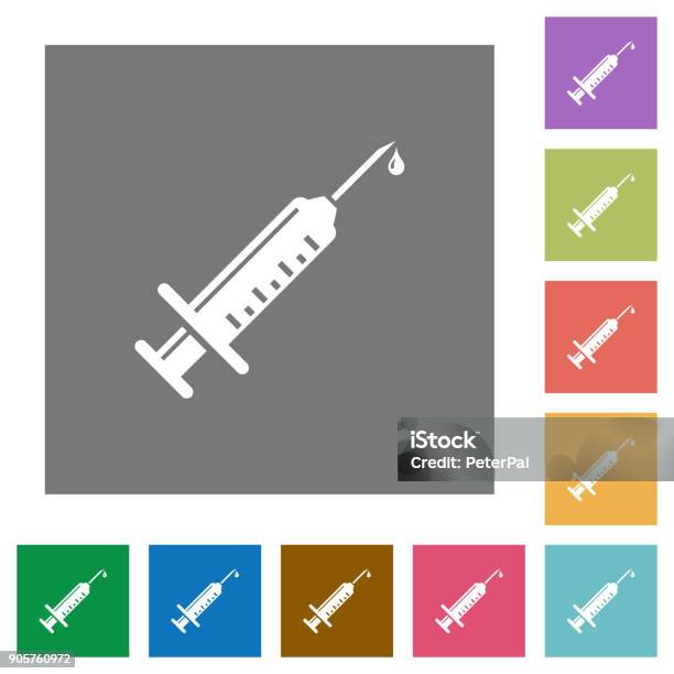 Syringe With Drop Square Flat Icons Stock Illustration - Download Image Now - Ambulance, Care, Doping