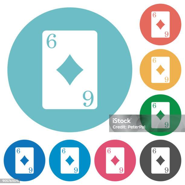 Six Of Diamonds Card Flat Round Icons Stock Illustration - Download Image Now - Addiction, Blackjack, Casino