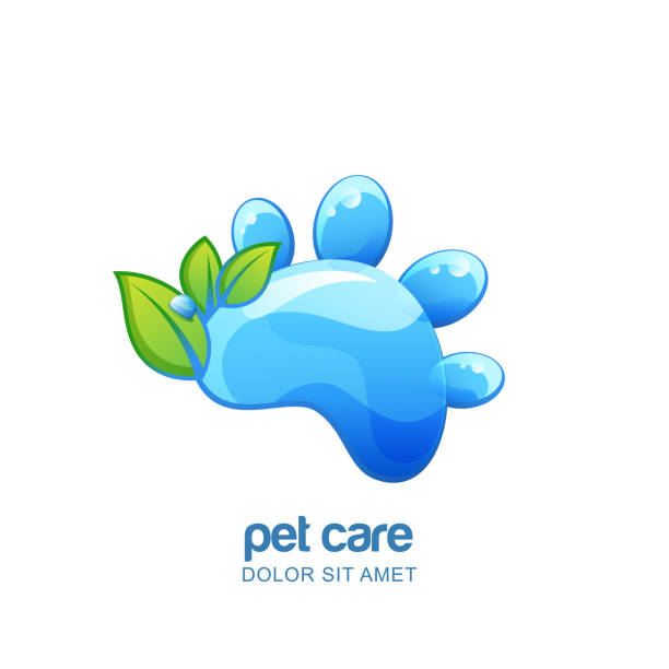 Vector  emblem, label design elements for pet organic care, shampoo, cosmetic or grooming. Cat or dog water paw. Vector emblem, label design elements for pet organic care, shampoo, cosmetic or grooming. Cat or dog paw with clean water texture and green leaves. dog splashing stock illustrations